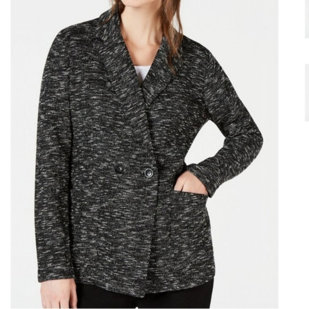 NWT Eileen Fisher Black Tweedy Organic Cotton Knit Classic Collar Blazer